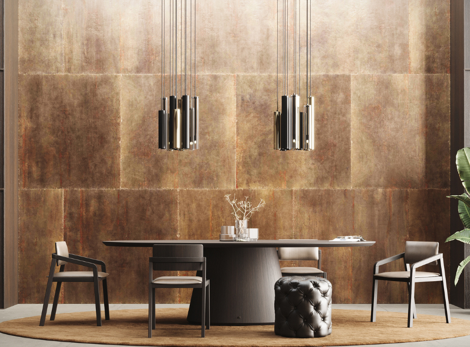 Estilo de decoracin minimalista en comedor con paleta neutra, oscura y terrosa, materiales y texturas naturales y mobiliario funcional.