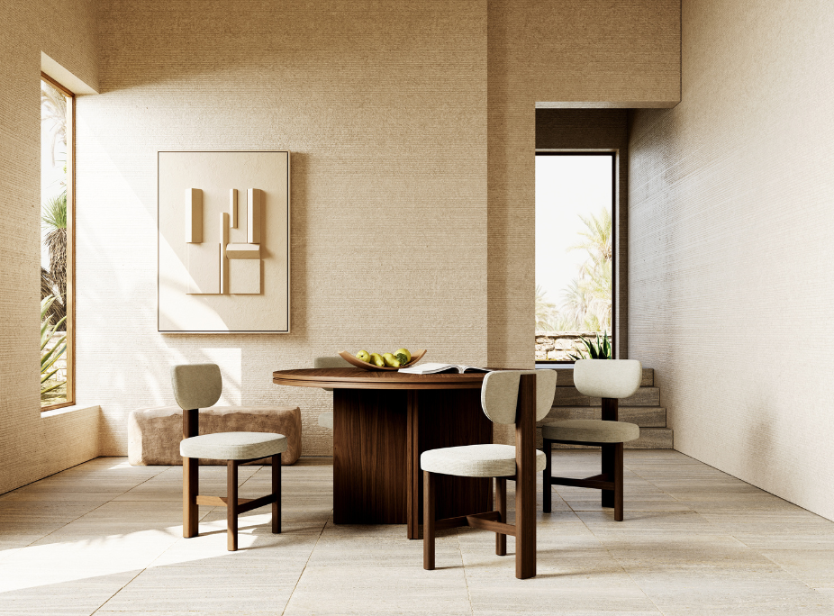 Minimalismo en comedor con paleta neutra, formas suaves y mucha luz natural.