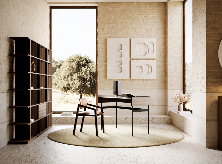Estilo de decoracin minimalista en despacho con mucha luz natural, formas geomtricas, mobiliario funcional e iluminacin artificial discreta.