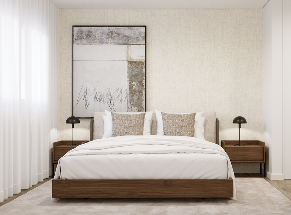 stilo de decoracin minimalista en dormitorio de un proyecto de interiorismo Laskasas, con paleta clara, lneas rectas y mobiliario funcional.