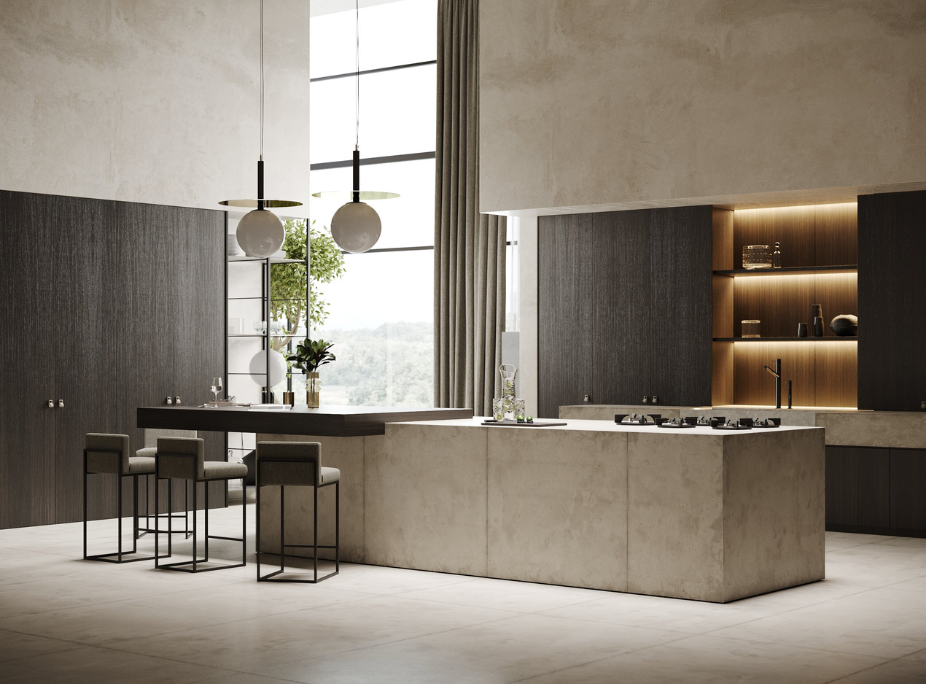 Minimalismo en cocina con paleta neutra y oscura, mucha luz natural e iluminacin artificial discreta.