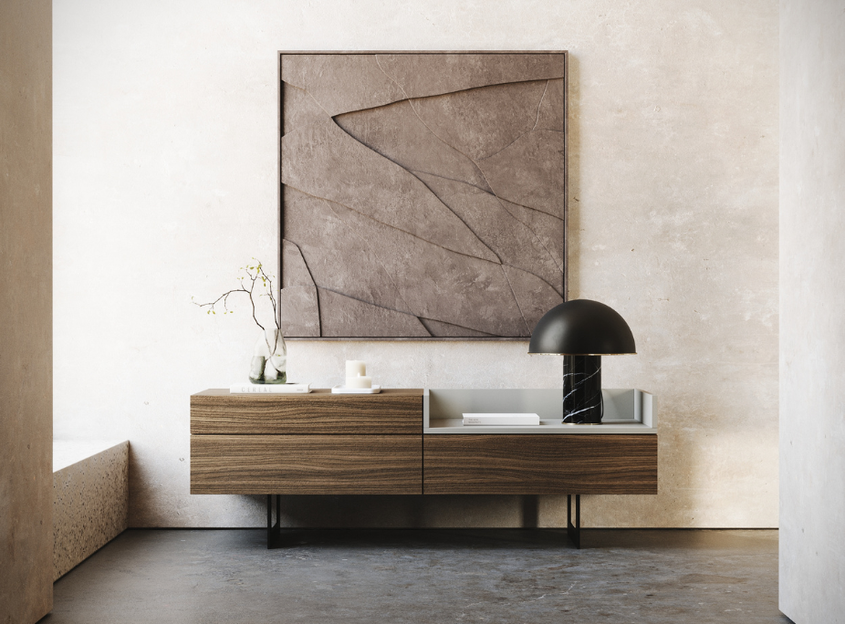 Estilo de decoracin minimalista en saln con formas geomtricas (principalmente rectangulares), materiales naturales (piedra y madera) y una paleta neutra con toques terrosos.
