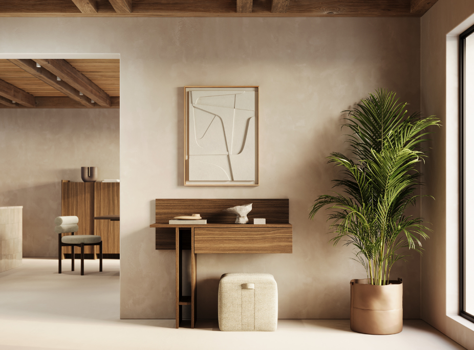 Minimalismo en recibidor con lneas rectas, materiales naturales, luz natural y solo el mobiliario necesario para garantizar la funcionalidad en el da a da.