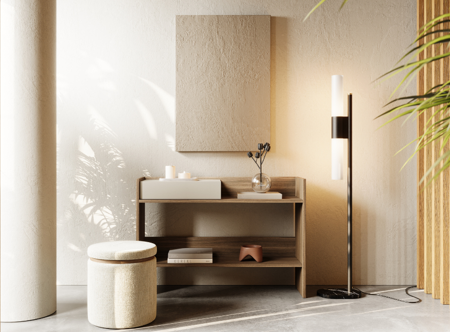 Minimalismo en recibidor con paleta neutra, mobiliario funcional con espacio de almacenamiento y diferentes texturas naturales.