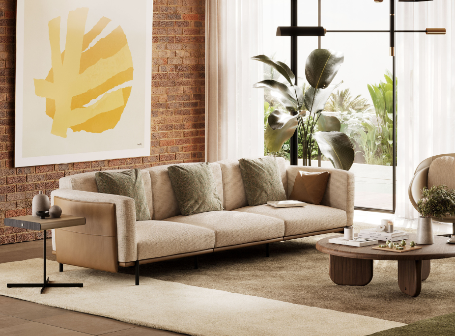Estilos de decorao intemporais em sala de estar com Sof Foster de 3 lugares, Cadeiro George, Mesa de Centro Williams e Mesa de Apoio Lee
