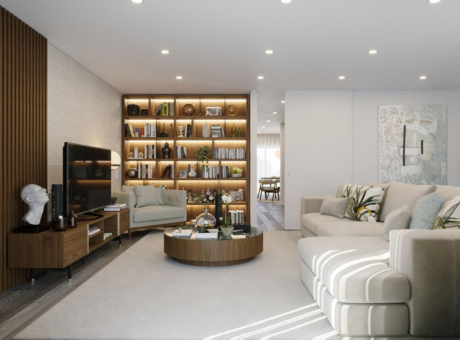 Projeto de Decorao Laskasas - sala de estar neutra com iluminao integrada no mobilirio
