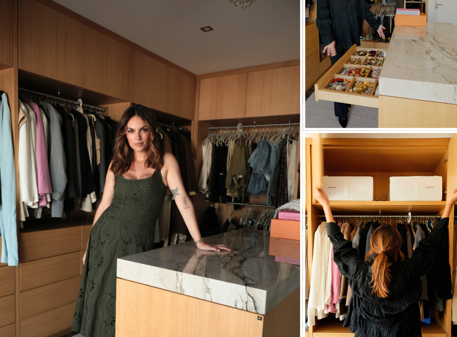 Closet na casa de mafalda Castro, equipado pela Laskasas com armário e ilha feitos à medida do espaço para máxima arrumação