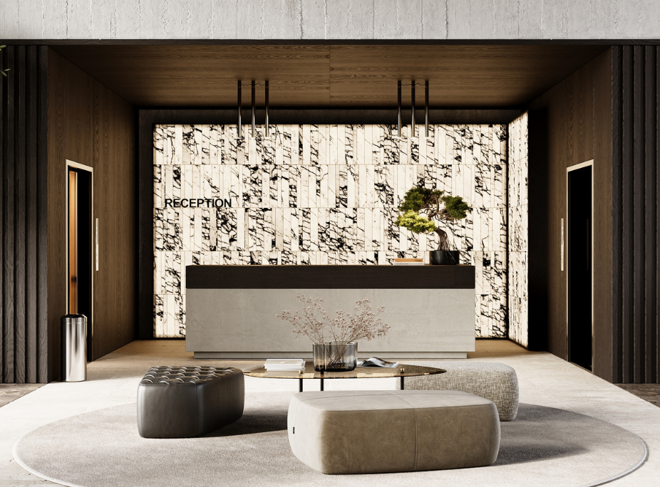 Laskasas upholstered ottomans in hotel reception area, balancing aesthetics and function in high-traffic interior design projects