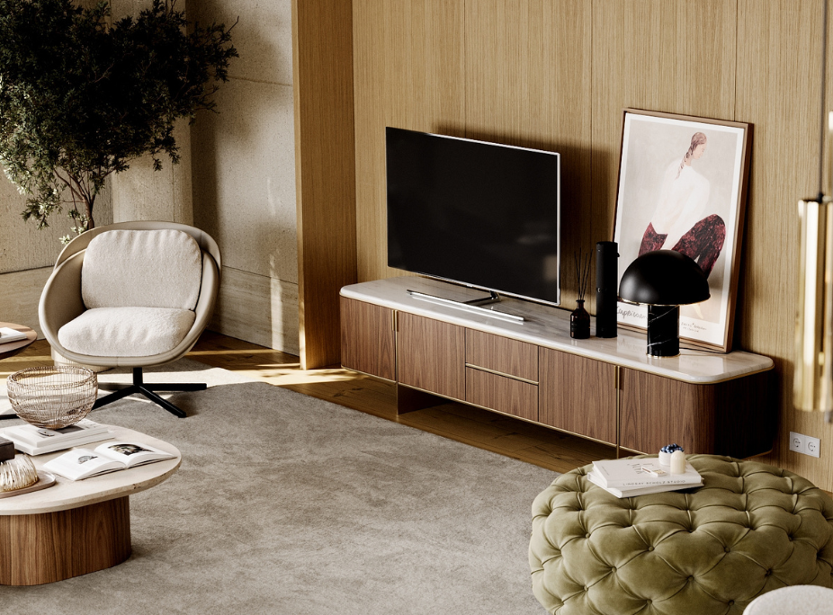 Laskasas living room with bouclé armchair, walnut TV cabinet and tufted puff. Furniture selection for interior design projects