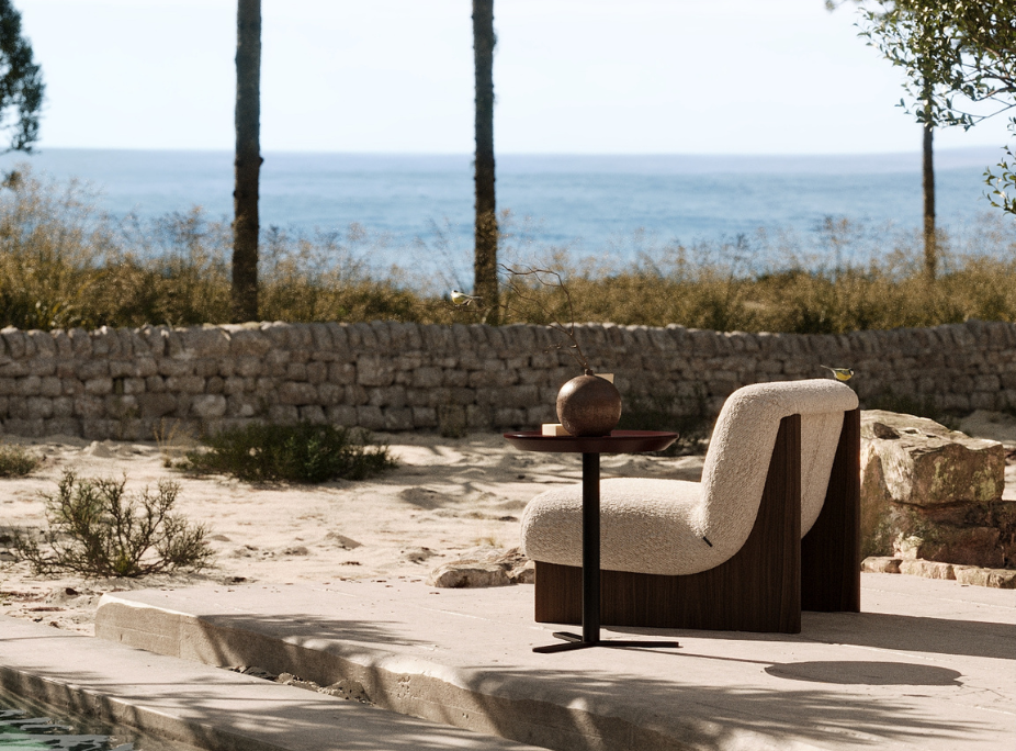 Laskasas bouclé armchair with walnut frame in outdoor coastal setting. Furniture for interior designers handcrafted in Portugal