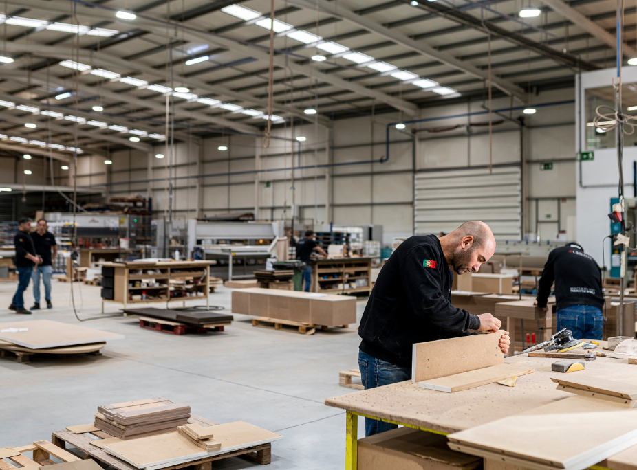 Laskasas craftsman at work in Portuguese furniture factory, manufacturing furniture for interior design projects