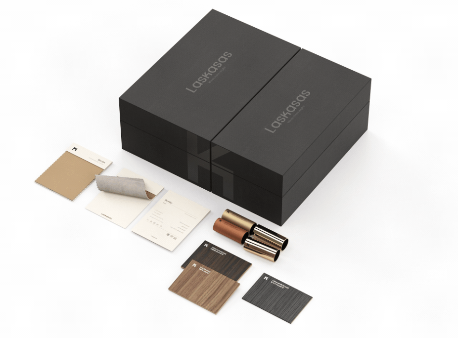 Laskasas materials and finishes sample kit, with fabric, wood veneer and metal finish options for furniture customisation in interior design projects