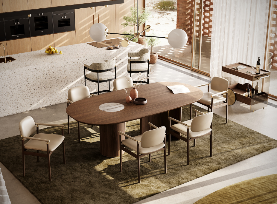 Aerial view of Laskasas open-plan dining room with an oval walnut dinning table and upholstered chairs, demonstrating scale and proportion in interior design