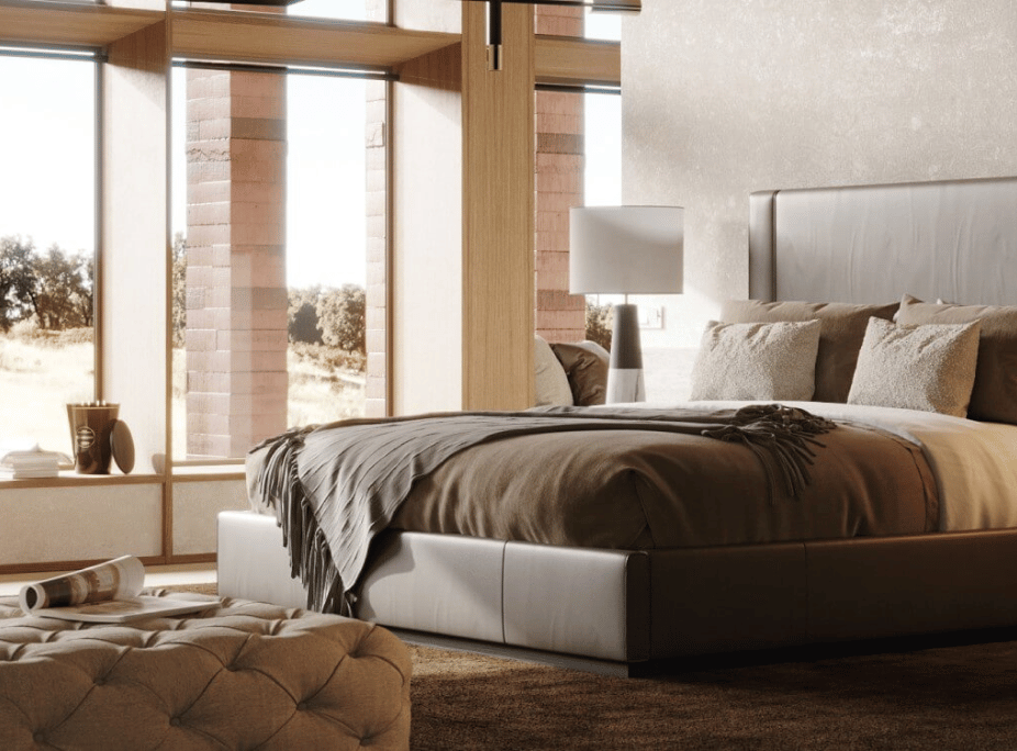 dormitório de matrimonio con cama corim y puff bur