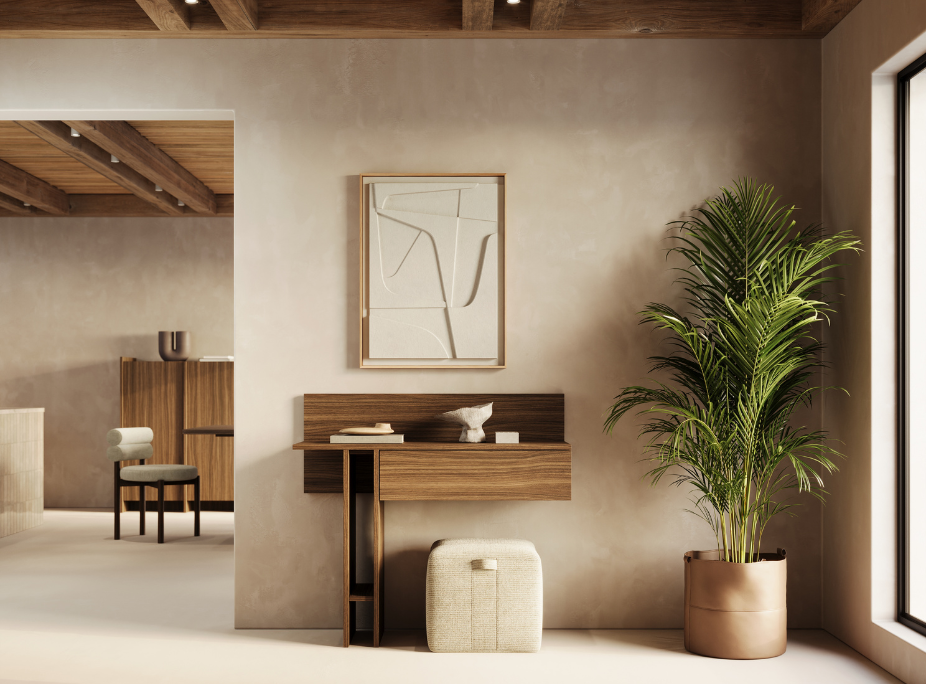 Ambiente de hall de entrada minimalista com planta de interior, consola de madeira e quadro abstrato. Estilo contemporâneo Laskasas para 2026.