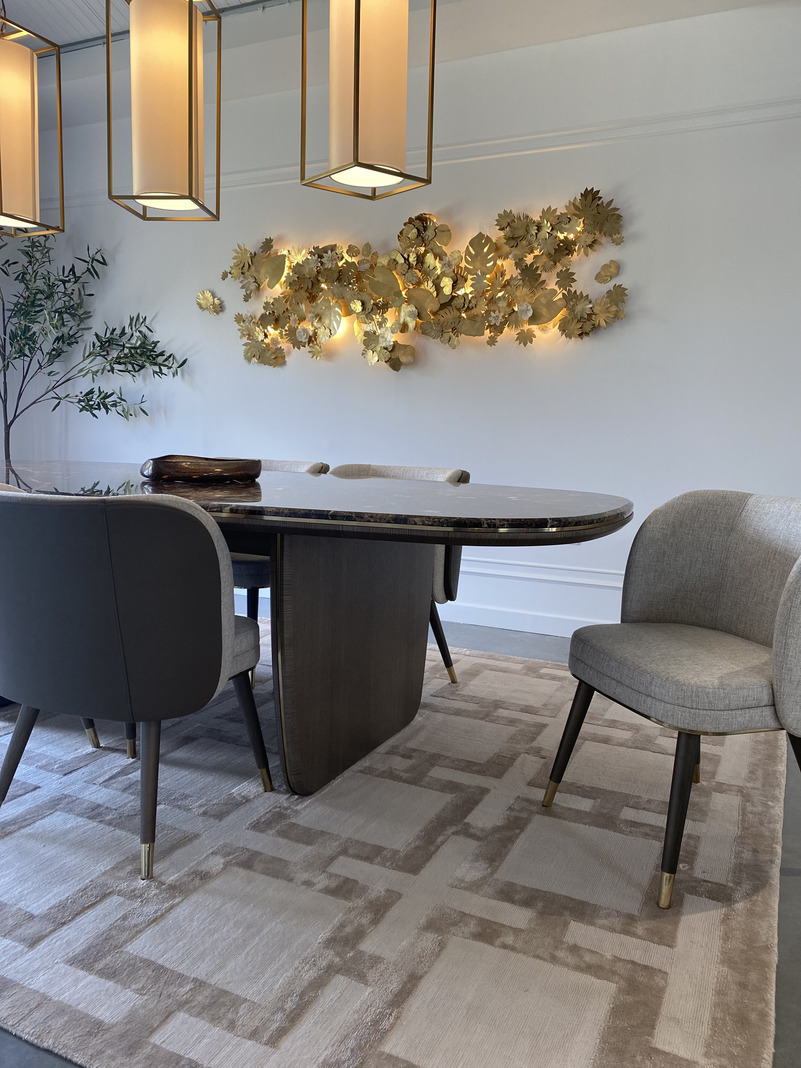 Dining area with marble dining table and four dining chairs