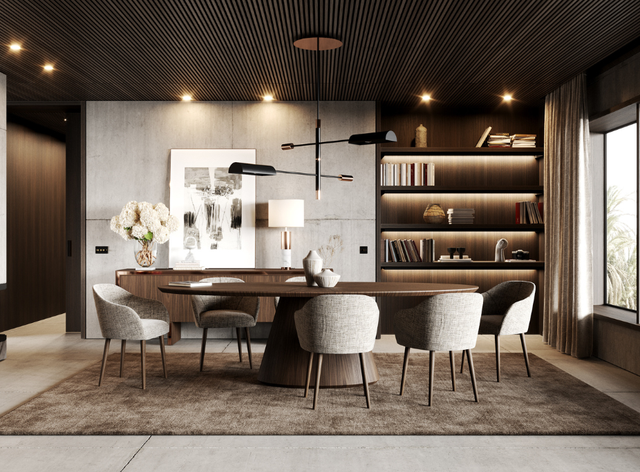 sala de jantar com diversos tipos de fontes luminosas