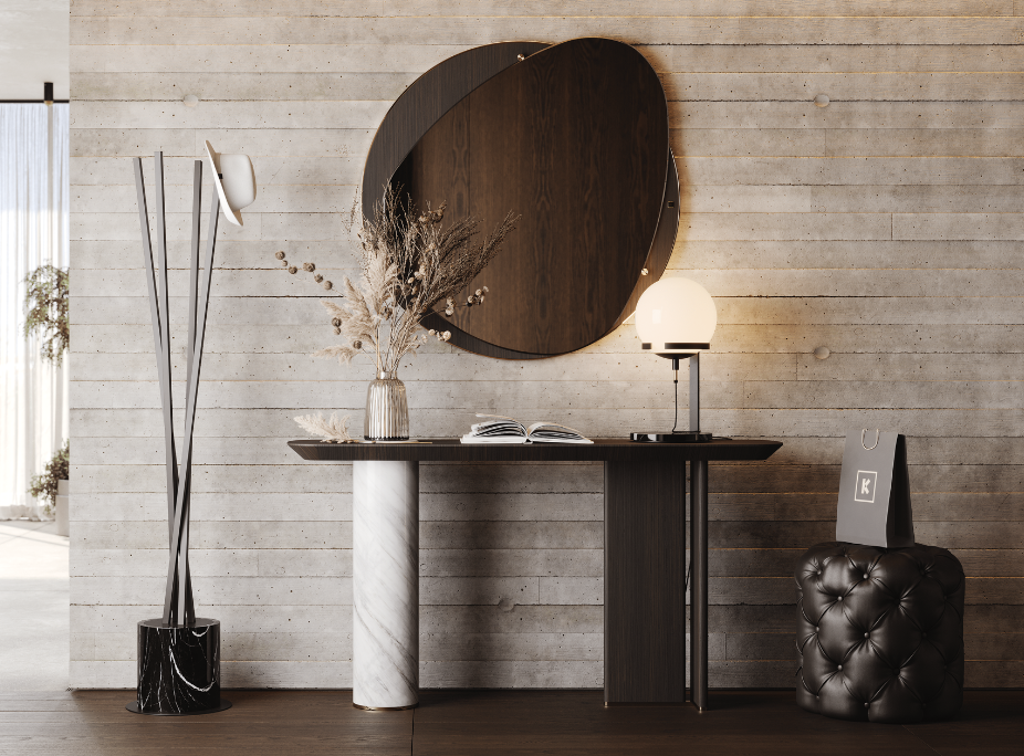 Hall de entrada com consola em m�rmore e madeira, espelho de parede com suporte de madeira, cabide e candeeiro de mesa com m�rmore e metal, puff em pele.