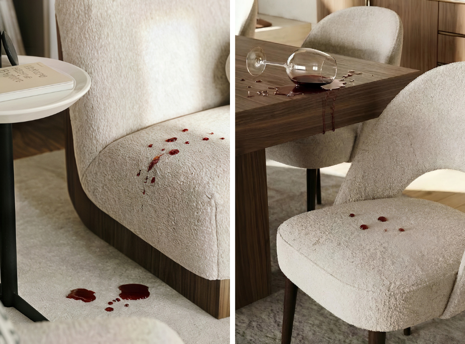 Derrame de vinho tinto sobre cadeirão e cadeira de jantar Laskasas em tecido, para exemplificar a importância de proteção de estofos com o serviço de impermeabilização Laskasas.
