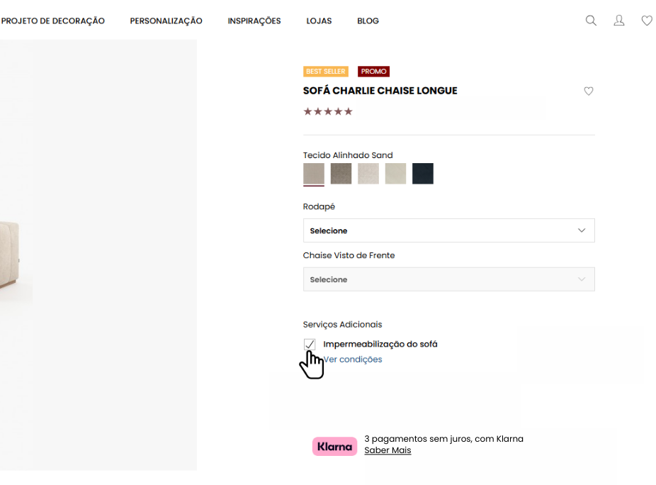 Página de produto do Sofá Charlie Chaise Longue no website Laskasas, com a opção de Impermeabilização do sofá selecionada nos Serviços Adicionais.