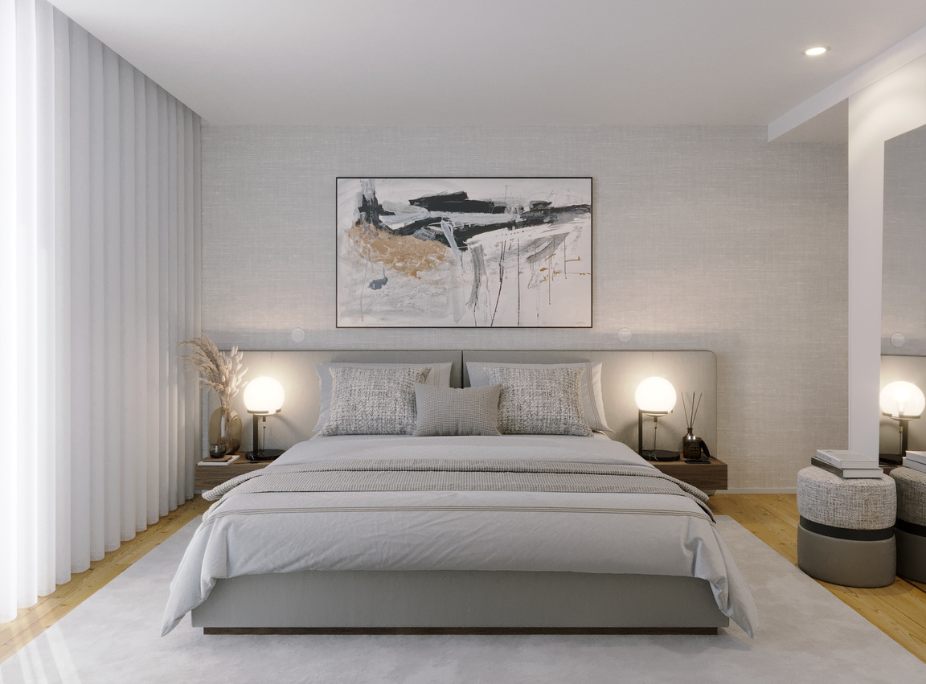 Influência da psicologia das cores na decoração, quarto em tons brancos e cinza