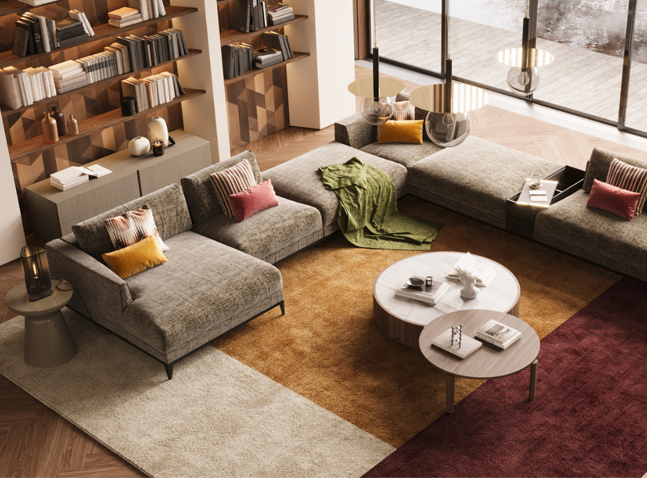 Influência da psicologia das cores na decoração, sala de estar em tons vermelhos e laranja