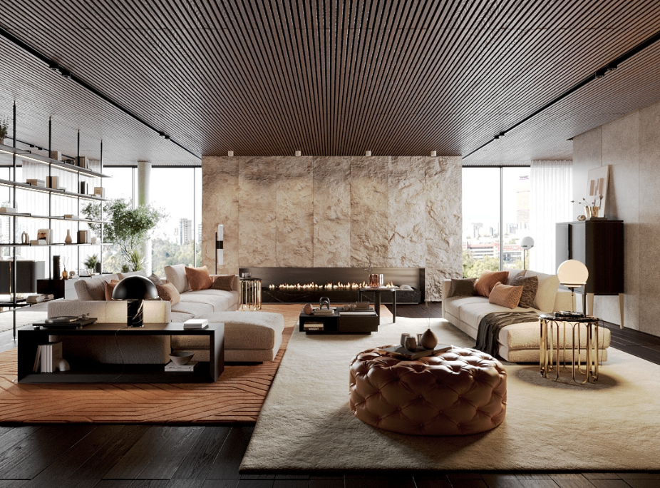 Influência da psicologia das cores na decoração, sala de estar em tons  brancos, castanhos e laranja