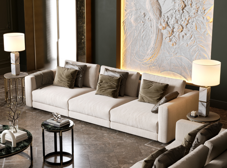 Influência da psicologia das cores na decoração, sala de estar em tons brancos, verdes e castanhos