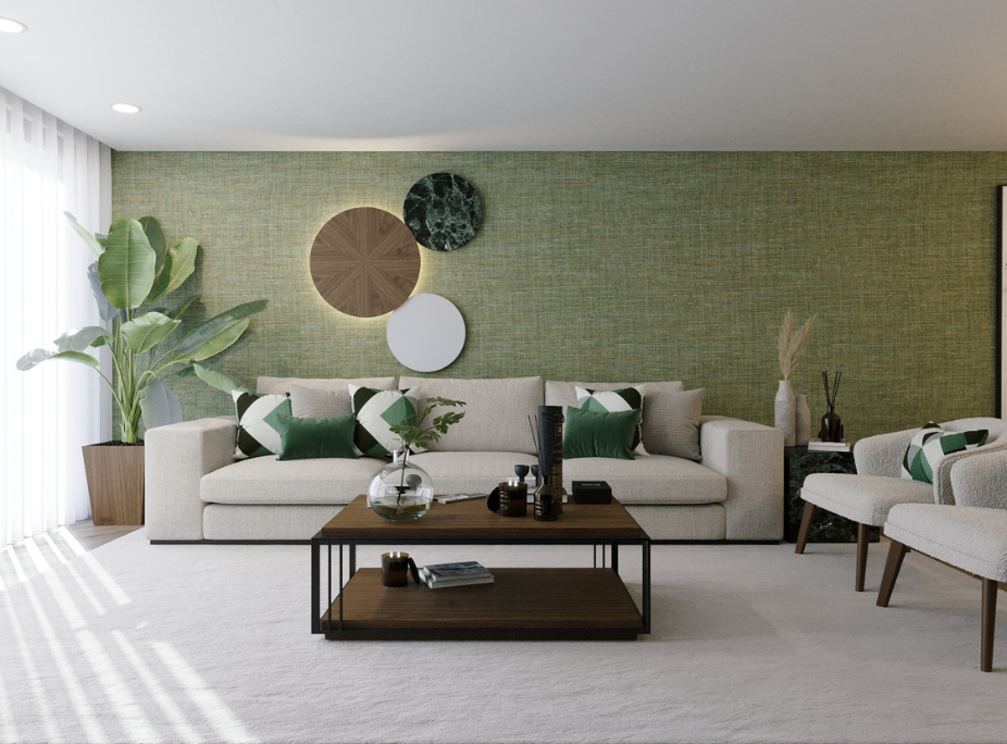 Influência da psicologia das cores na decoração, sala de estar em tnos brancos, castanhos e verdes