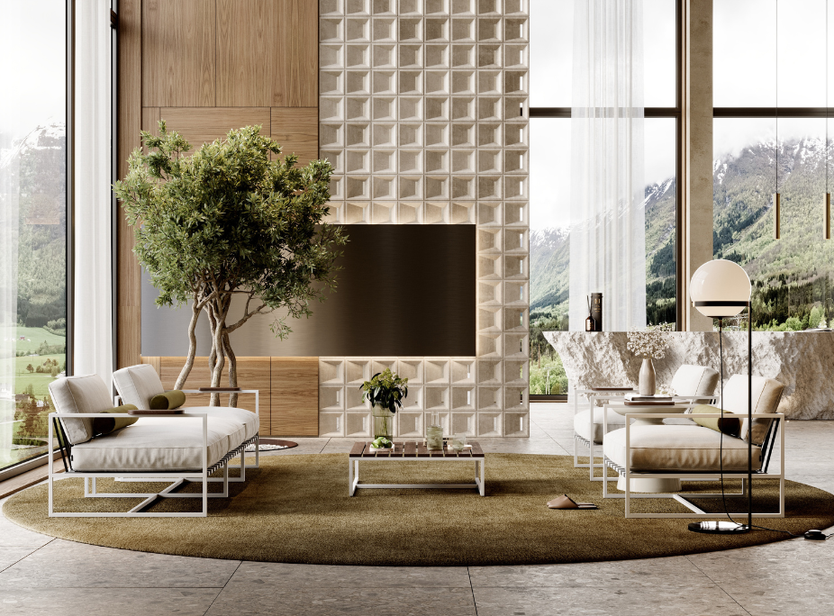 Influência da psicologia das cores na decoração, sala de estar em tons brancos, verdes e castanhos