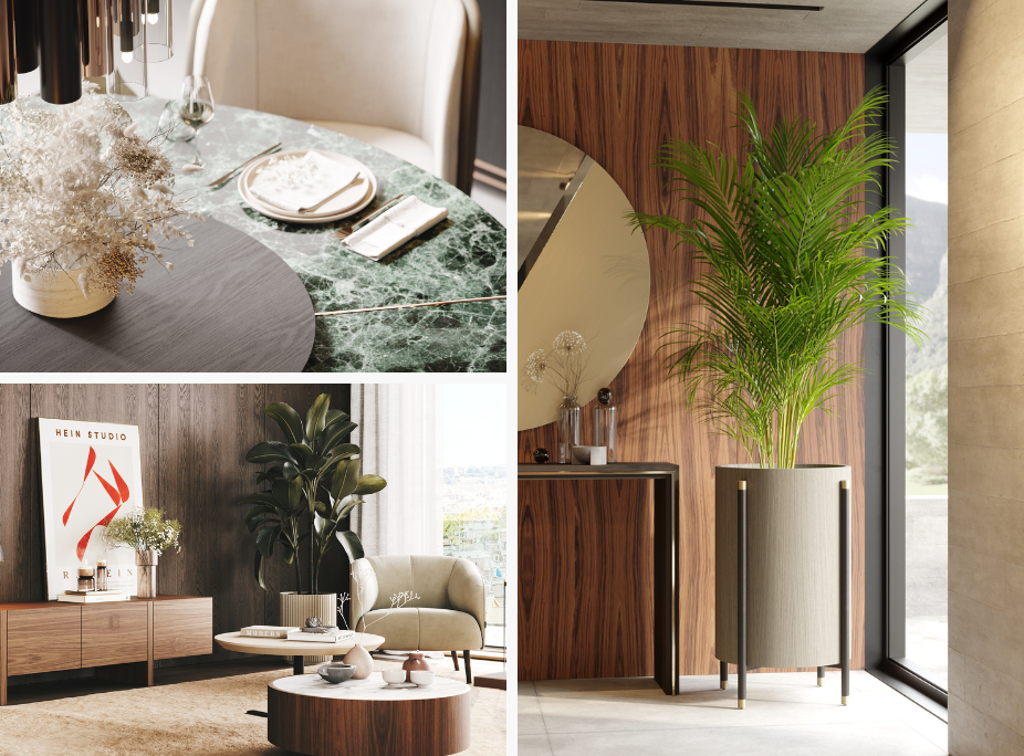 Interiorismo biofílico en el comedor, el salón y el recibidor con colores, texturas y elementos naturales en la decoración