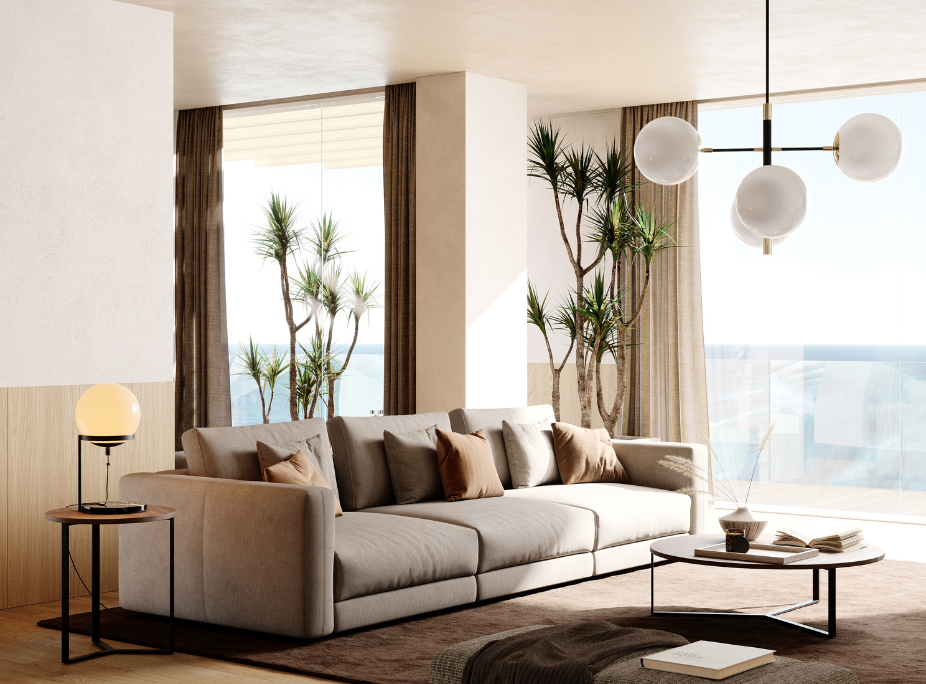 Interiorismo biofílico en un salón con plantas, colores y luz natural