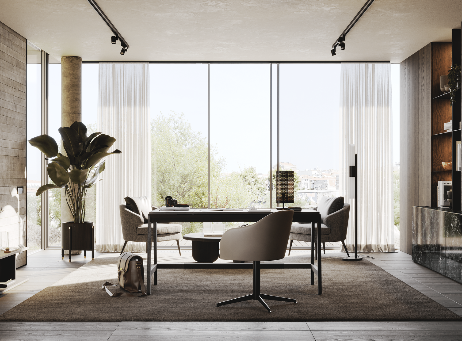 escritório da casa douro, com uma decoração confortável, relaxante e extremamente funcional, características do japandi