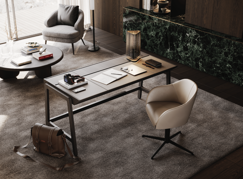 Decoração acolhedora e funcional no escritório da casa douro, além das tonalidades naturais características do Japandi