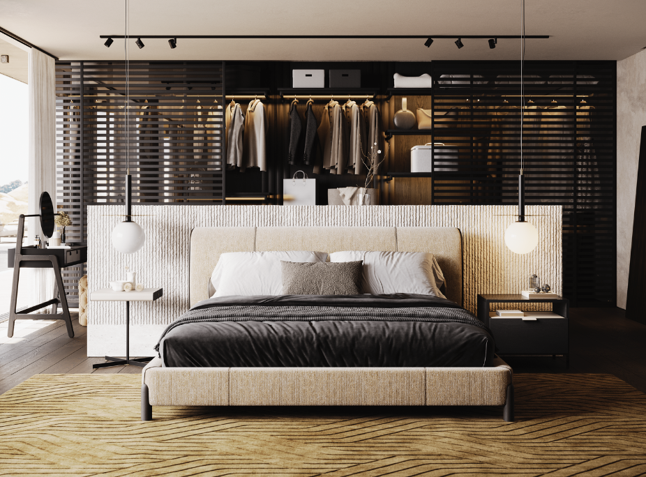 Japandi no quarto da casa Douro com elementos, texturas e tons naturais escritório da casa douro, com uma decoração confortável, relaxante e extremamente funcional, características do japandi