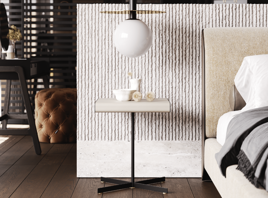 A textura irregular e imperfeita da pedra é uma forte característica do wabi-sabi, presente no quarto da casa douro