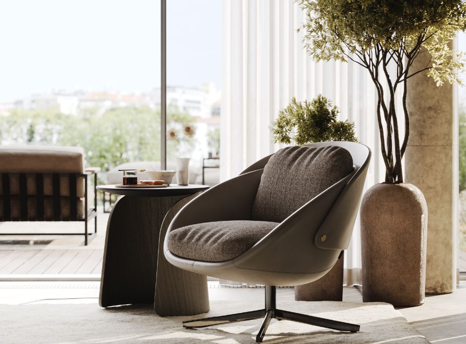 Decoração Japandi com bastantes elementos naturais e orgânicos na sala de estar da casa douro com o confortável cadeirão George