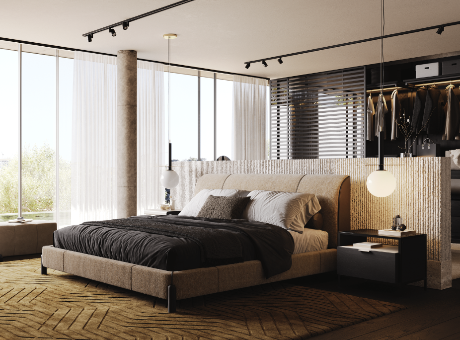 Dormitorio doble elegante con l�mparas de techo en forma de globo blanco colgando sobre las mesitas de noche.