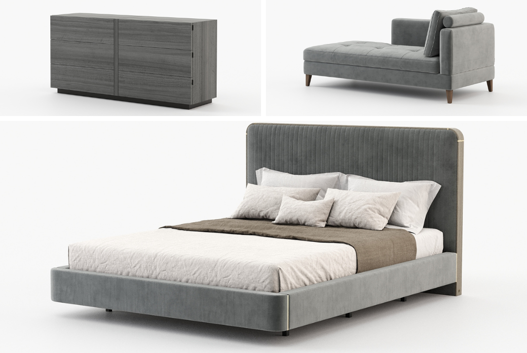 lack Friday bedroom offer featuring the Anny bed, Kira chest of drawers, and Karim chaise longuedesigned to bring elegance and comfort to your space.