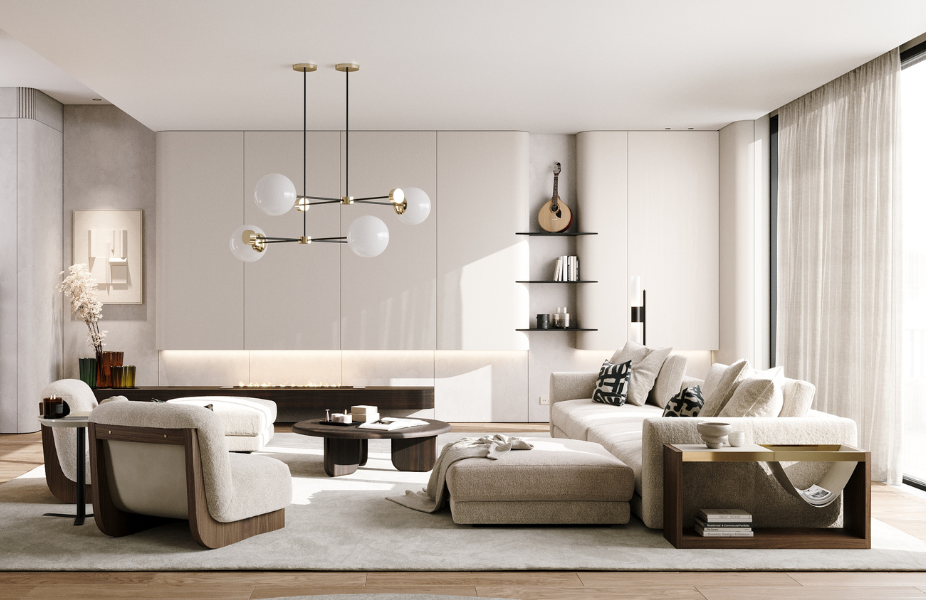 Sala de estar ampla com sof�s beges e dois elegantes candeeiros de teto de design contempor�neo com m�ltiplas esferas.