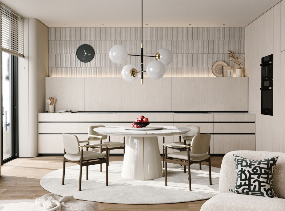 Sala de jantar branca contempor�nea iluminada por um candeeiro de teto  moderno.