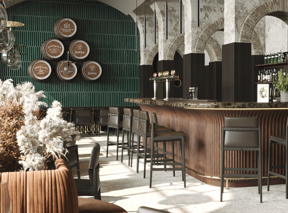 Contract furniture in a Bar counter with Jayne bar stools in a hospitality venue