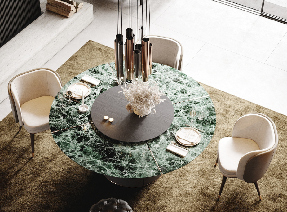 Contract hospitality furniture in a dining room with Marilyn dining table, with a marble top, Ambrose chairs and Jazz ceiling light