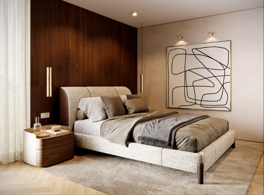 Contract hospitality furniture in a Hotel guest room with upholstered Gray bed and Pema bedside tables