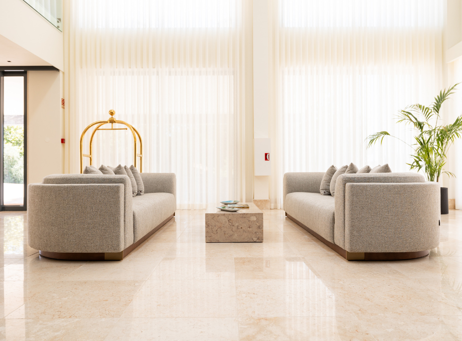 Contract hospitality furniture in a Hotel lobby with two Wellington sofas and a Nilo coffee table
