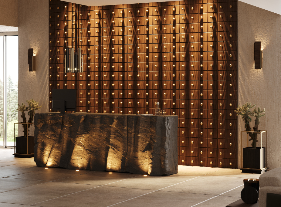 Contract hospitality furniture in a Hotel reception with ribbed wood wall, Dave wall lamps, Jazz ceiling light and Lanie flower pots