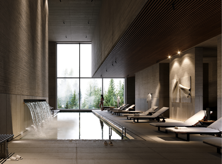 Contract hospitality furniture in a Indoor hotel pool with Salim sun loungers