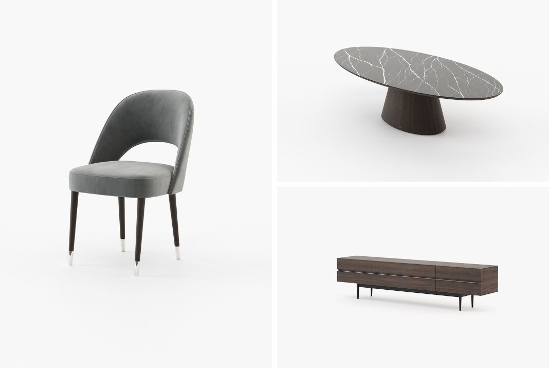 Black Friday dining room offer featuring the Amour chairs, Kelly dining table, and Lagos sideboard.