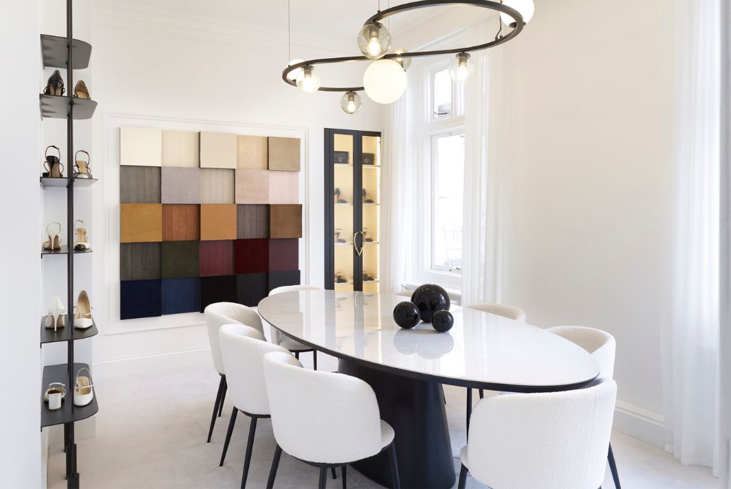 Stylish workspace with the Kelly Dining Table in Matte Carrara ceramic