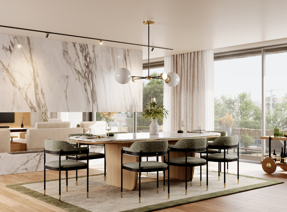 Sala de jantar requintada com mesa de m�rmore e candeeiro de teto dourado com esferas brancas opacas.